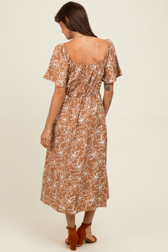 Mocha Floral Print Maternity Midi Dress