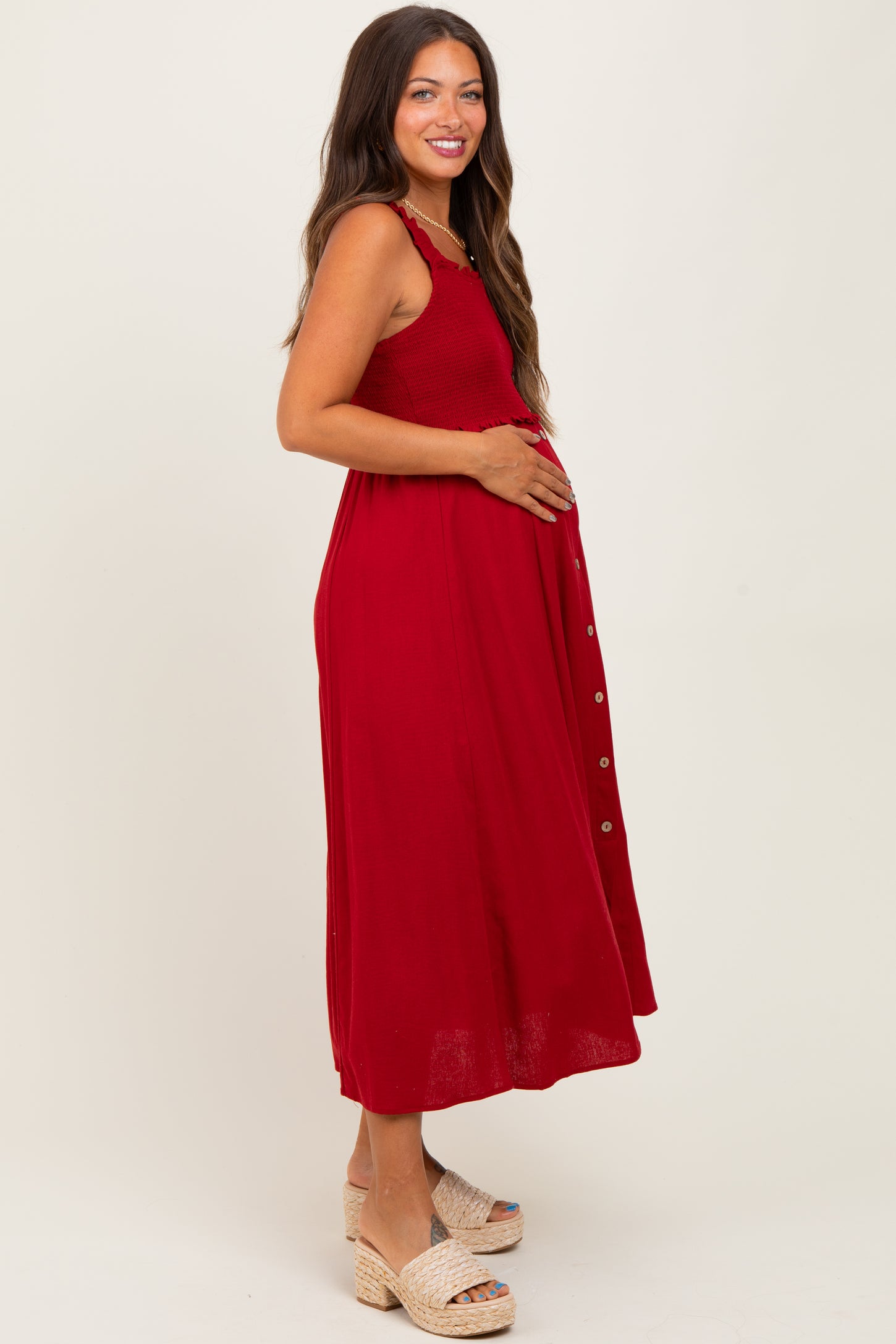 Burgundy Smocked Sleeveless Button Down Maternity Midi Dress