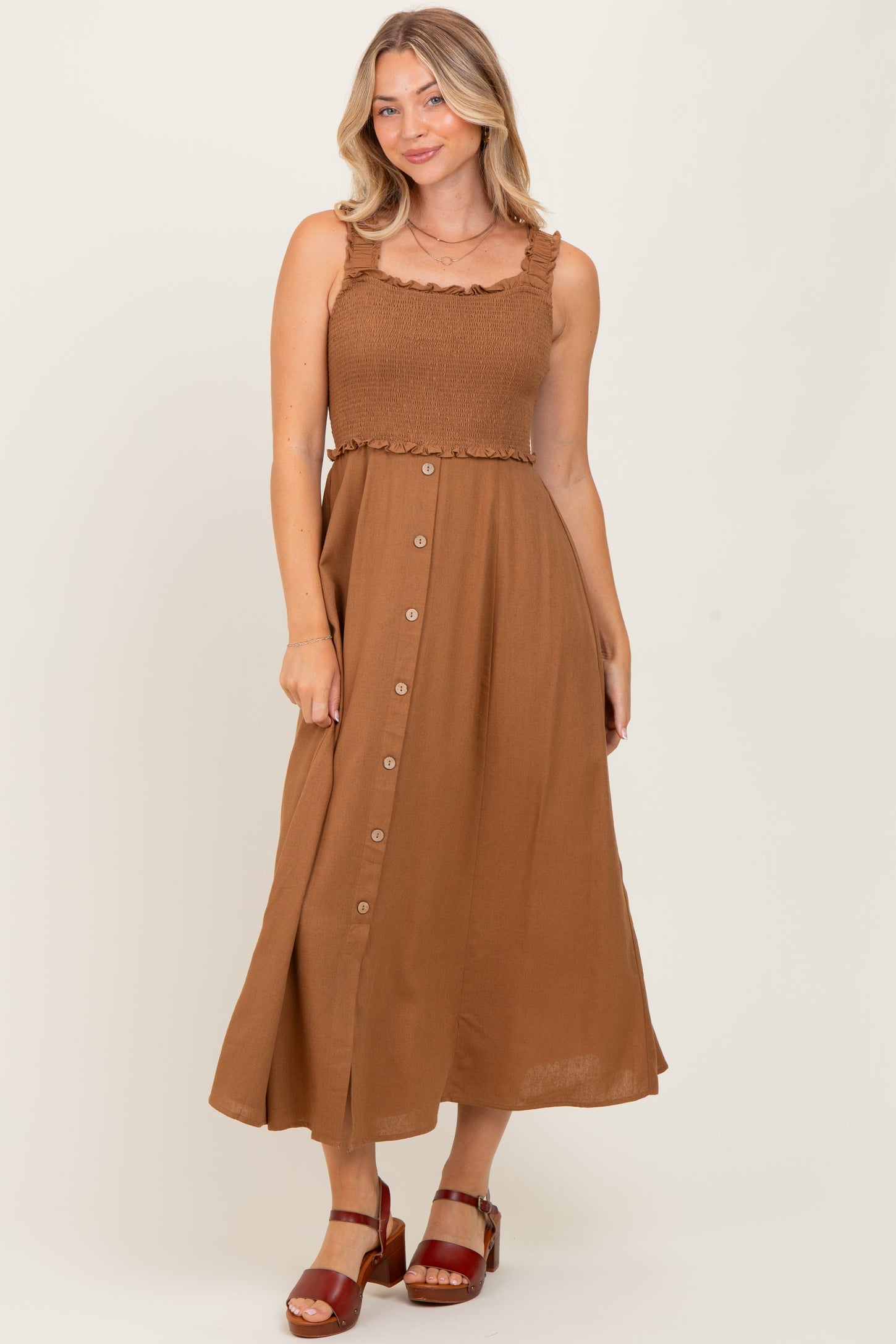 Camel Smocked Sleeveless Button Down Midi Dress