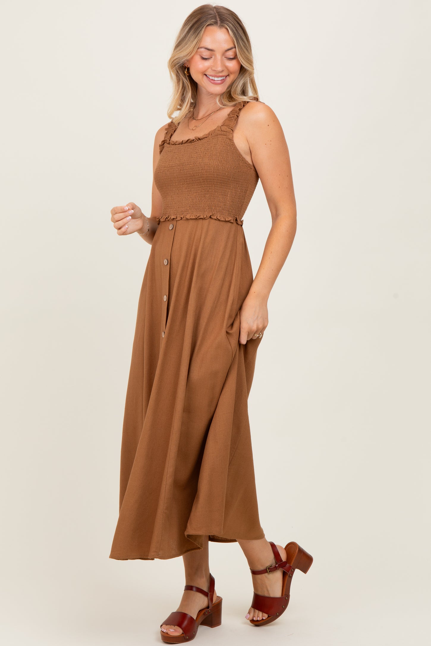 Camel Smocked Sleeveless Button Down Midi Dress