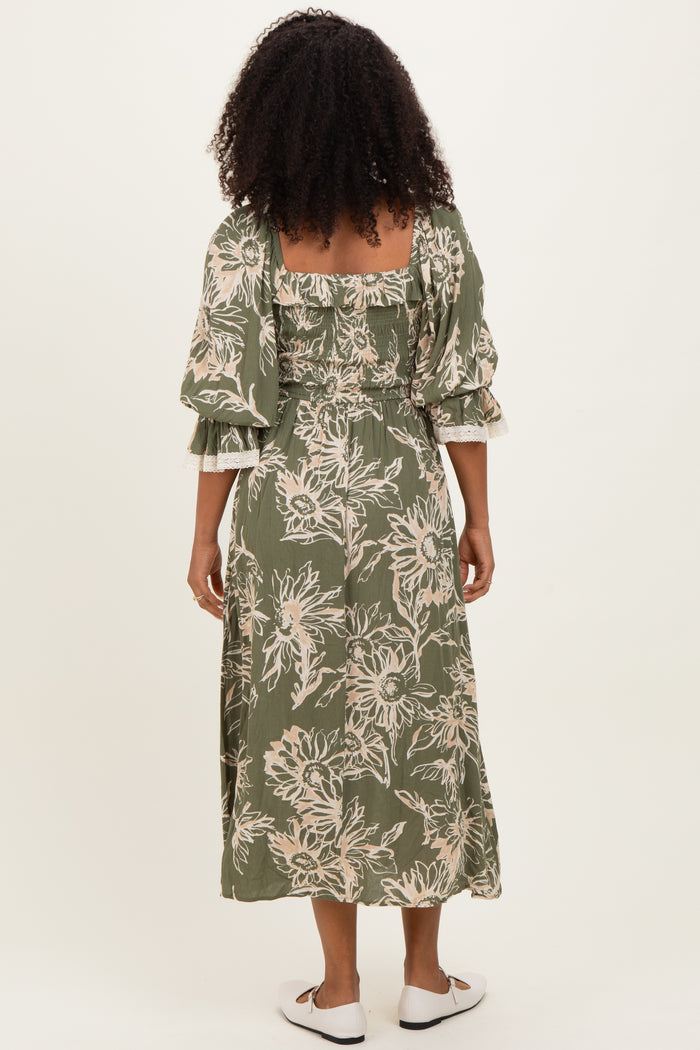 Olive Floral Smocked 3/4 Sleeve Midi Dress