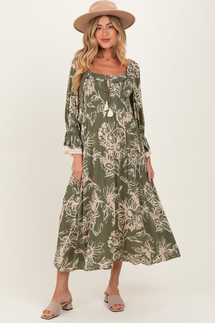 Olive Floral Smocked 3/4 Sleeve Maternity Midi Dress
