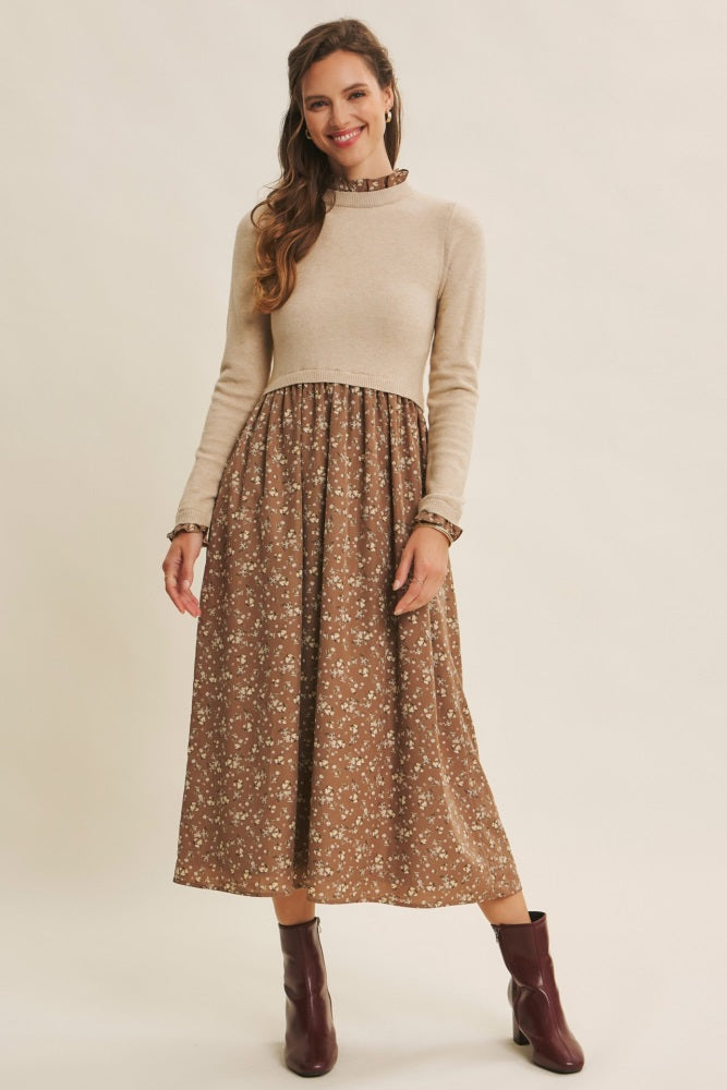 Beige Floral Contrast Knit Top Maternity Midi Dress