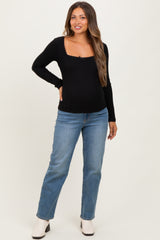 Black Pointelle Knit Lace Trim Square Neck Maternity Top