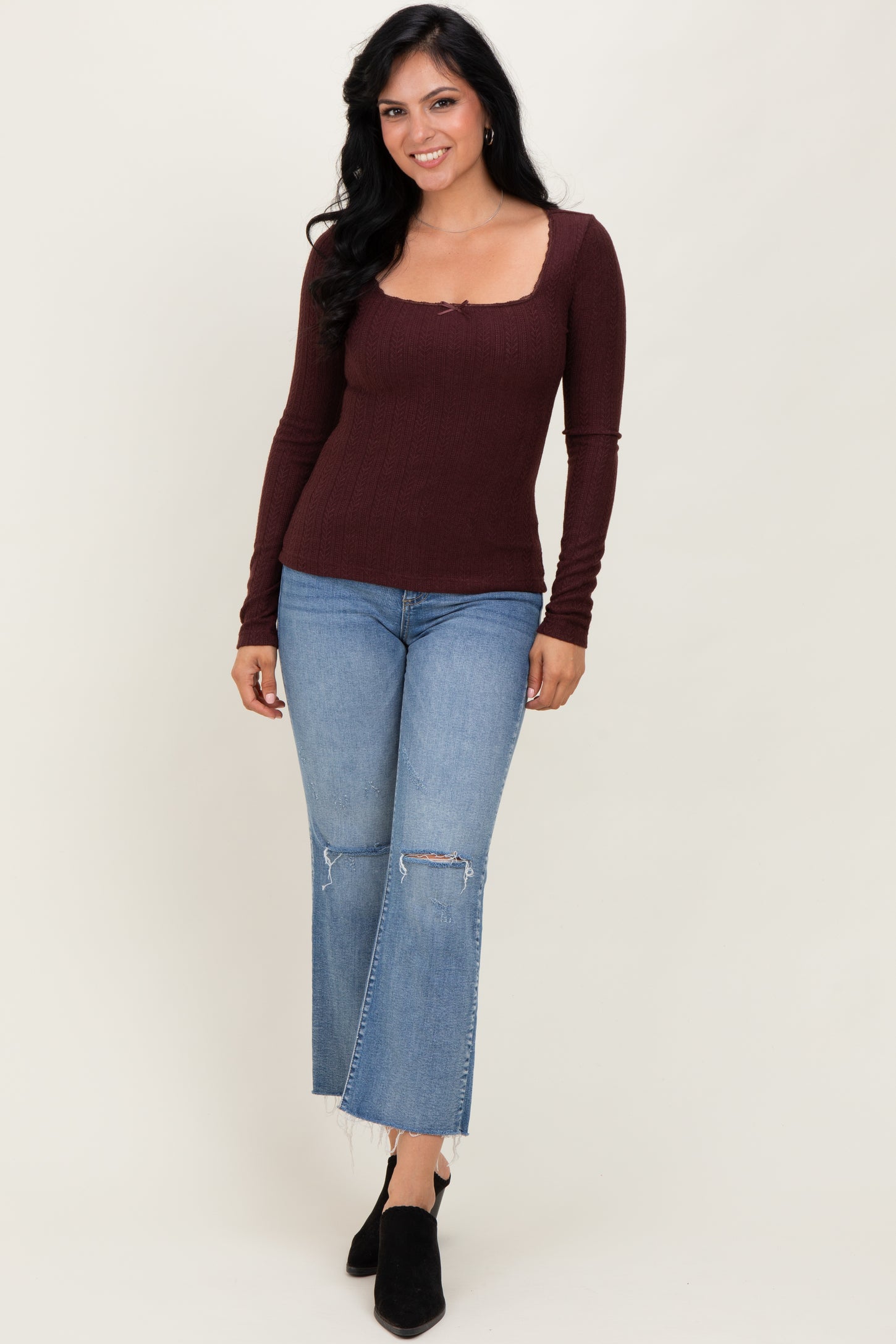 Burgundy Pointelle Knit Lace Trim Square Neck Top