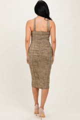 Olive Brushed Print Ruched Midi Dress