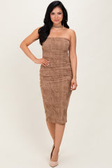 Mocha Brushed Print Ruched Maternity Midi Dress