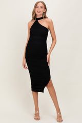 Black Mesh Draped Scarf Ruched Maternity Midi Dress
