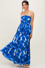 Royal Blue Floral Strapless Maxi Dress