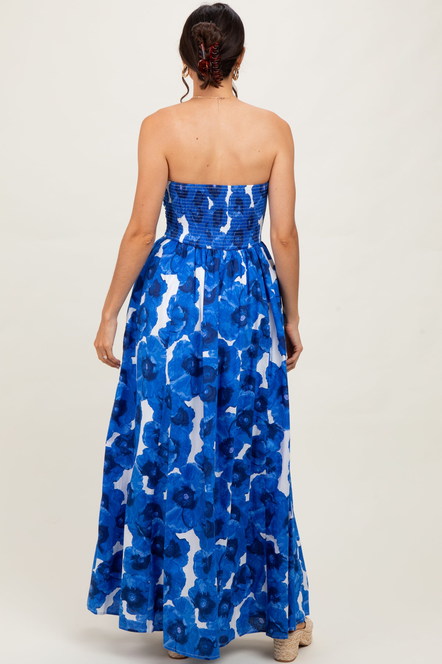 Royal Blue Floral Strapless Maxi Dress