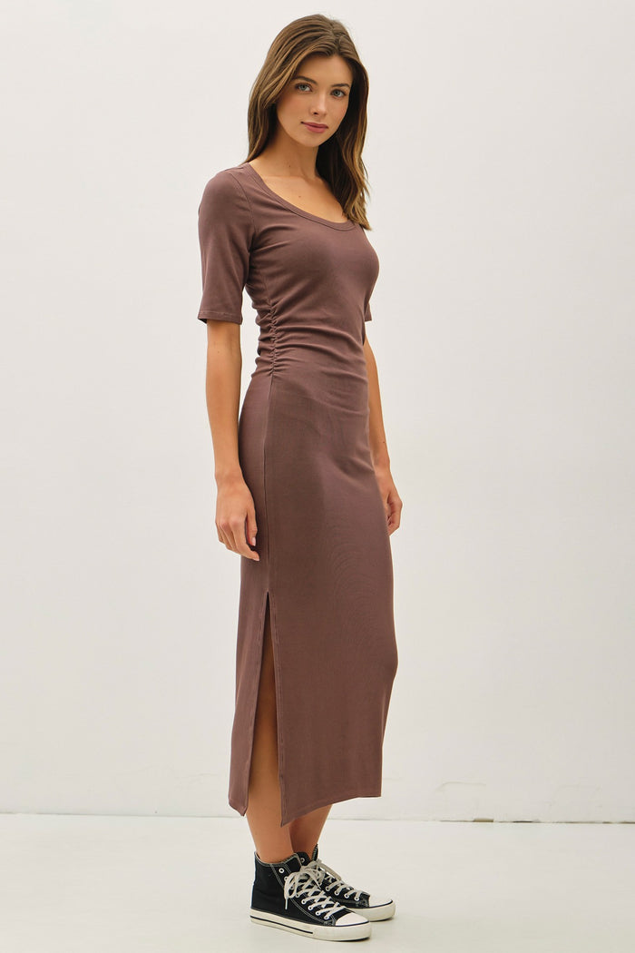Brown Ruched Short Sleeve Side Slit Midi Dress