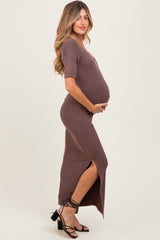Brown Ruched Short Sleeve Side Slit Maternity Midi Dress
