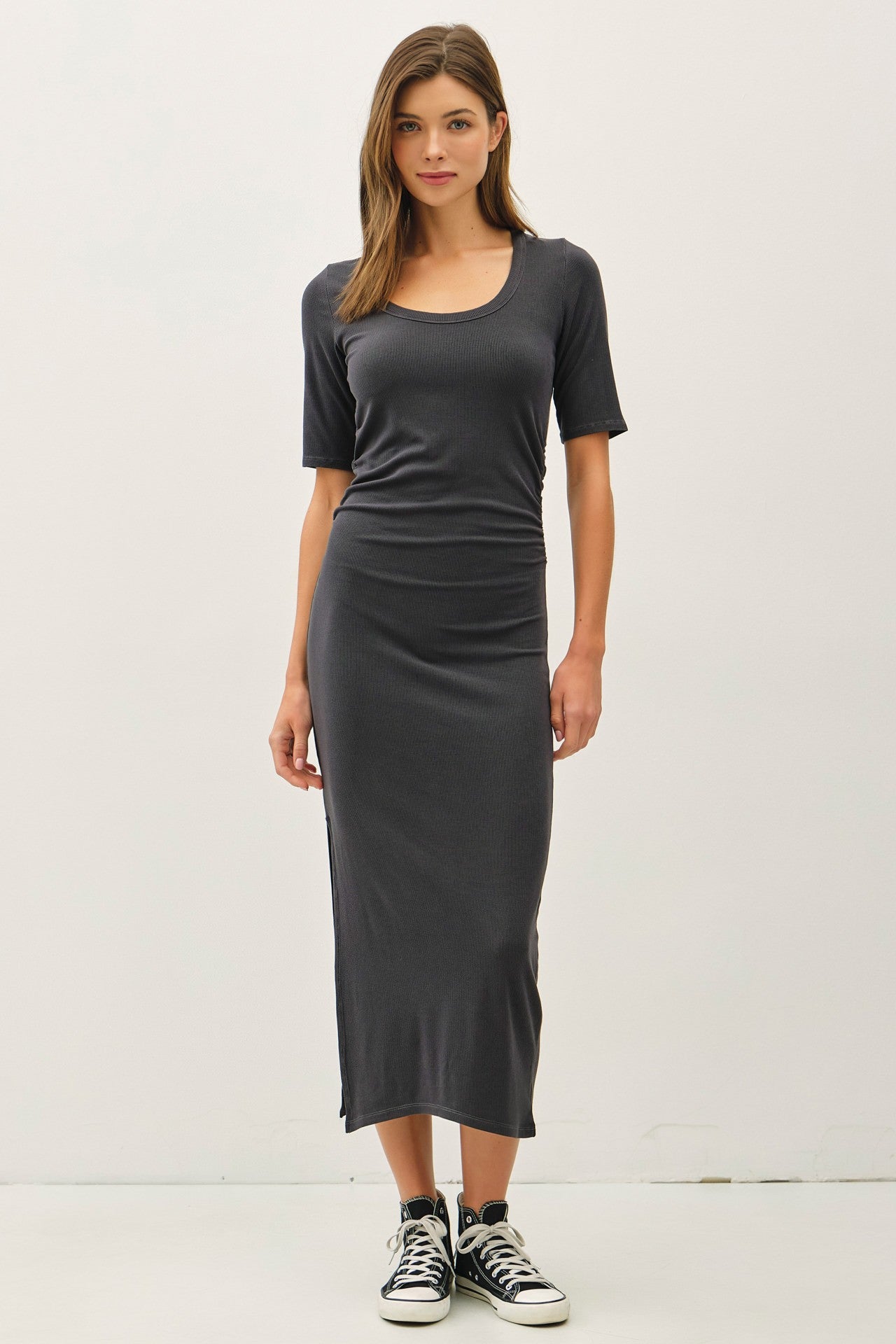 Charcoal Ruched Short Sleeve Side Slit Midi Dress