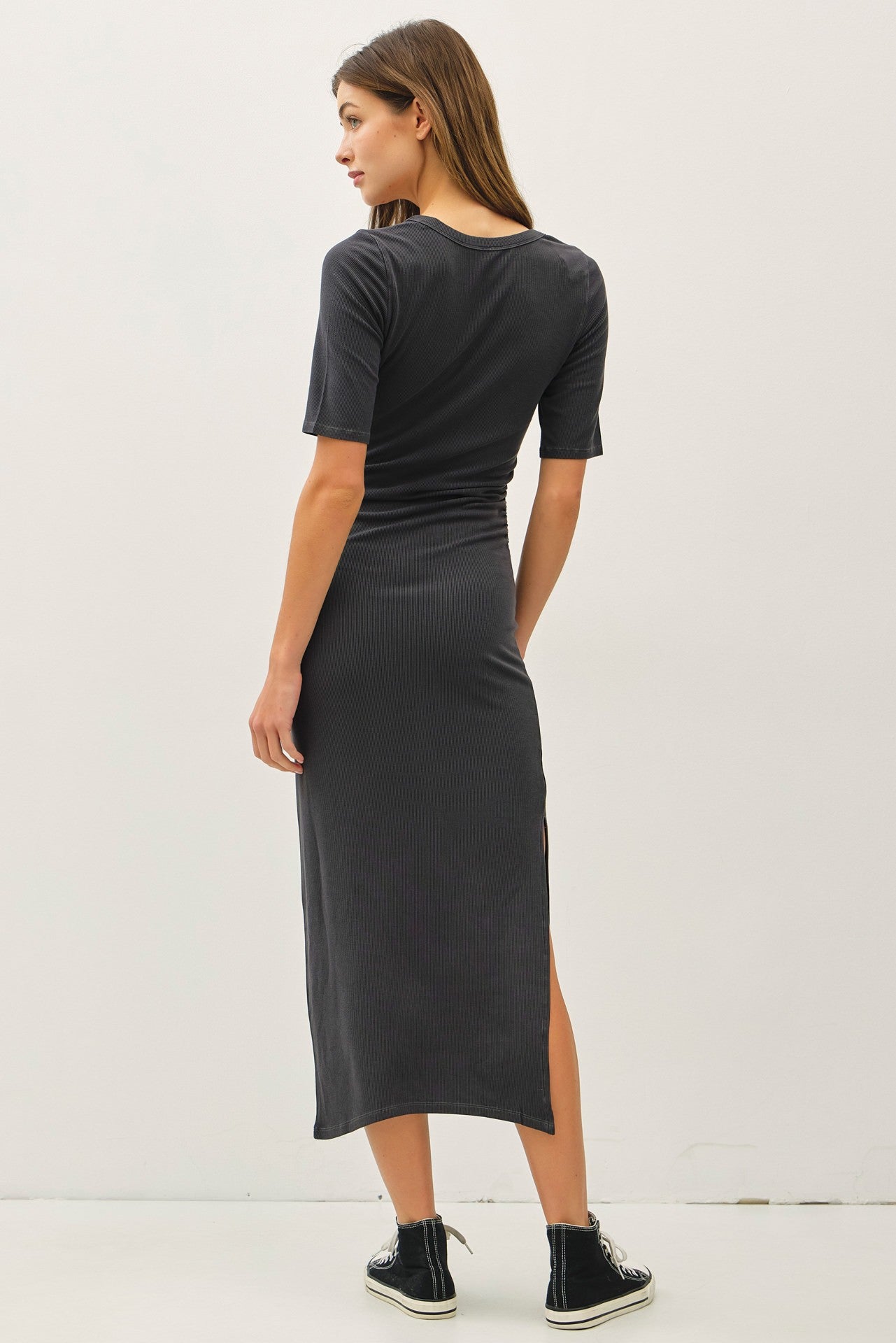 Charcoal Ruched Short Sleeve Side Slit Midi Dress