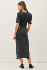 Charcoal Ruched Short Sleeve Side Slit Midi Dress