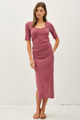 Mauve Ruched Short Sleeve Side Slit Maternity Midi Dress