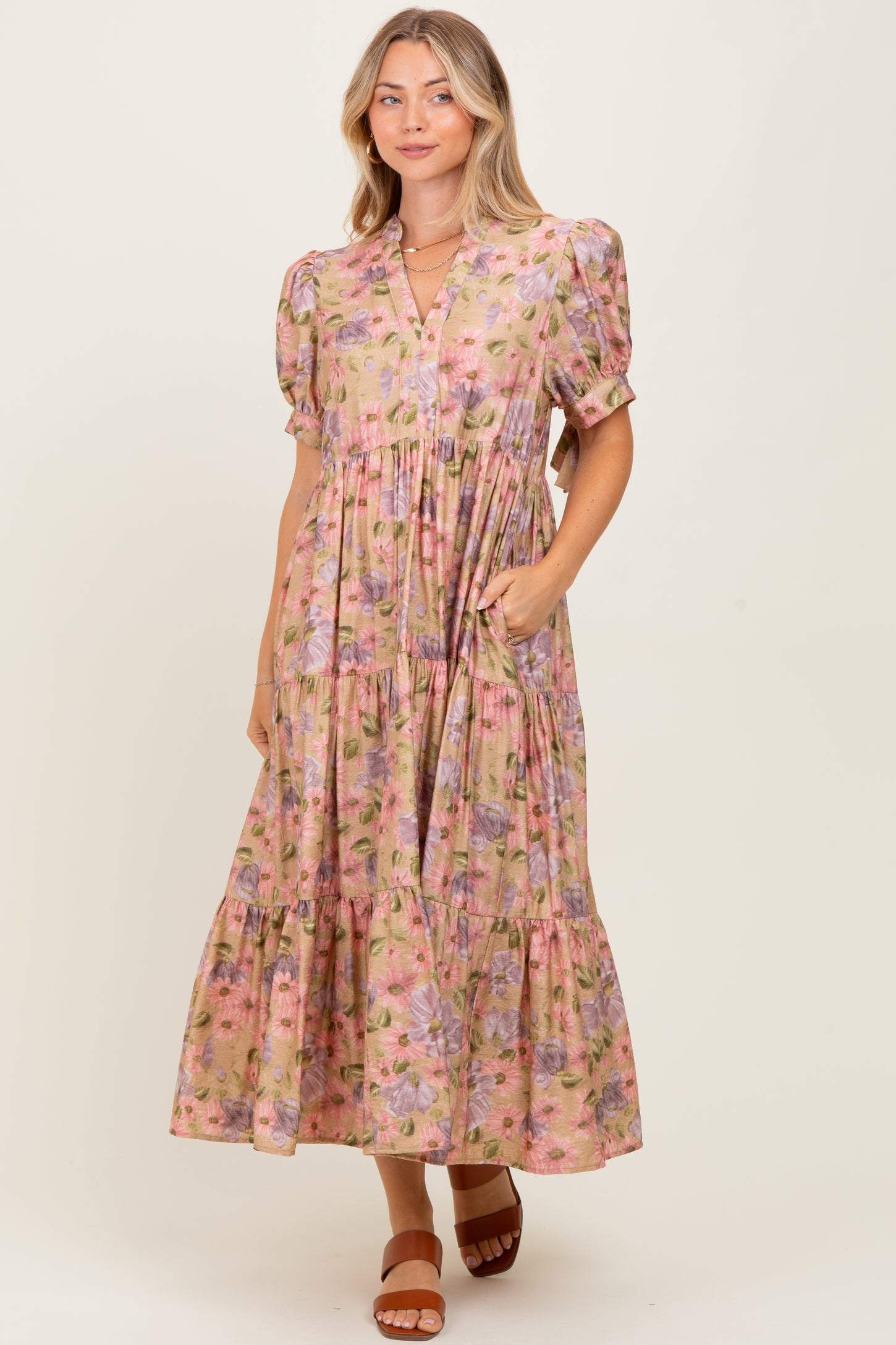 Camel Floral Tiered Puff Sleeve Maternity Midi Dress