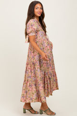 Camel Floral Tiered Puff Sleeve Maternity Midi Dress