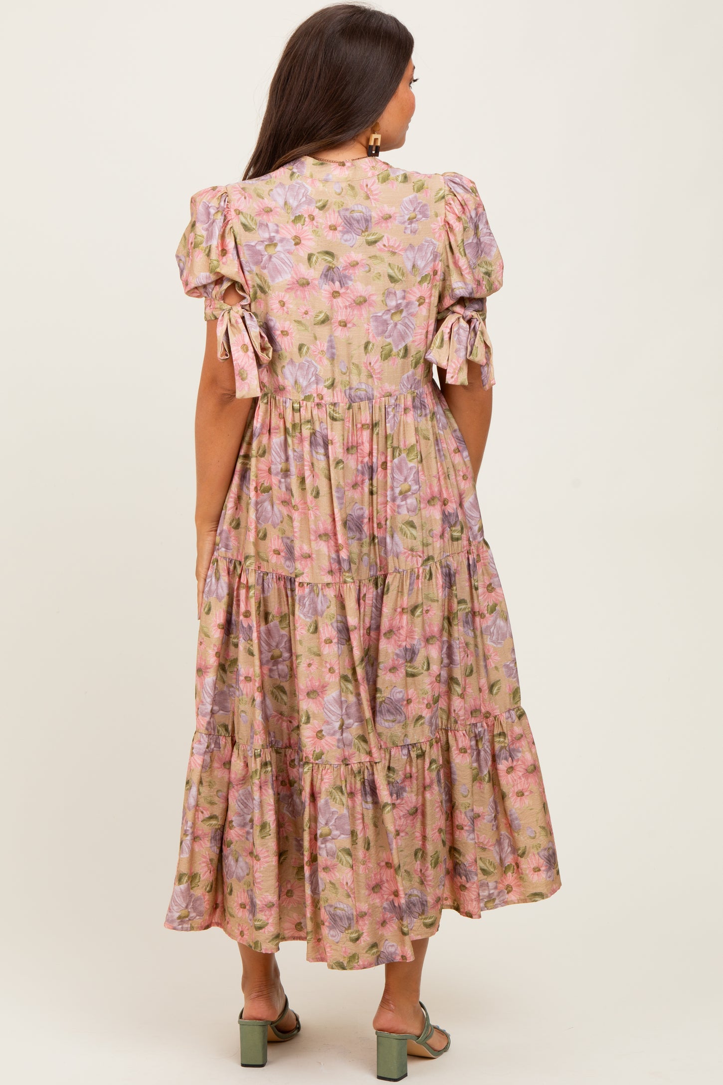 Camel Floral Tiered Puff Sleeve Maternity Midi Dress