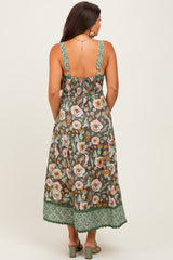 Brown Floral Contrast Print Sleeveless Maternity Midi Dress