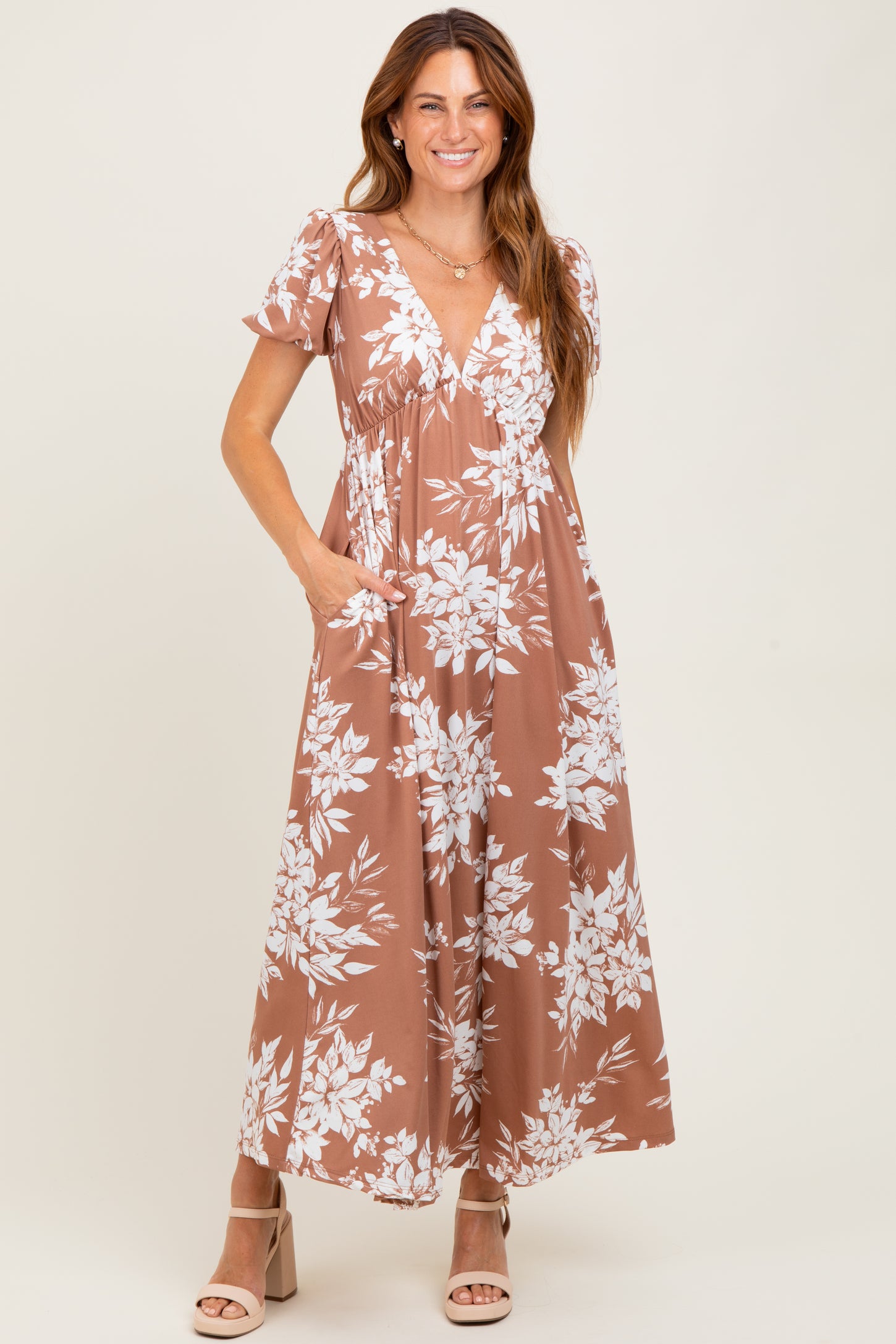 Mocha Floral Print Short Sleeve V-Neck Maternity Maxi Dress