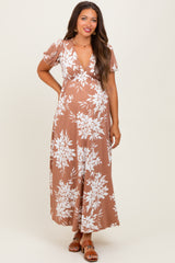 Mocha Floral Print Short Sleeve V-Neck Maternity Maxi Dress