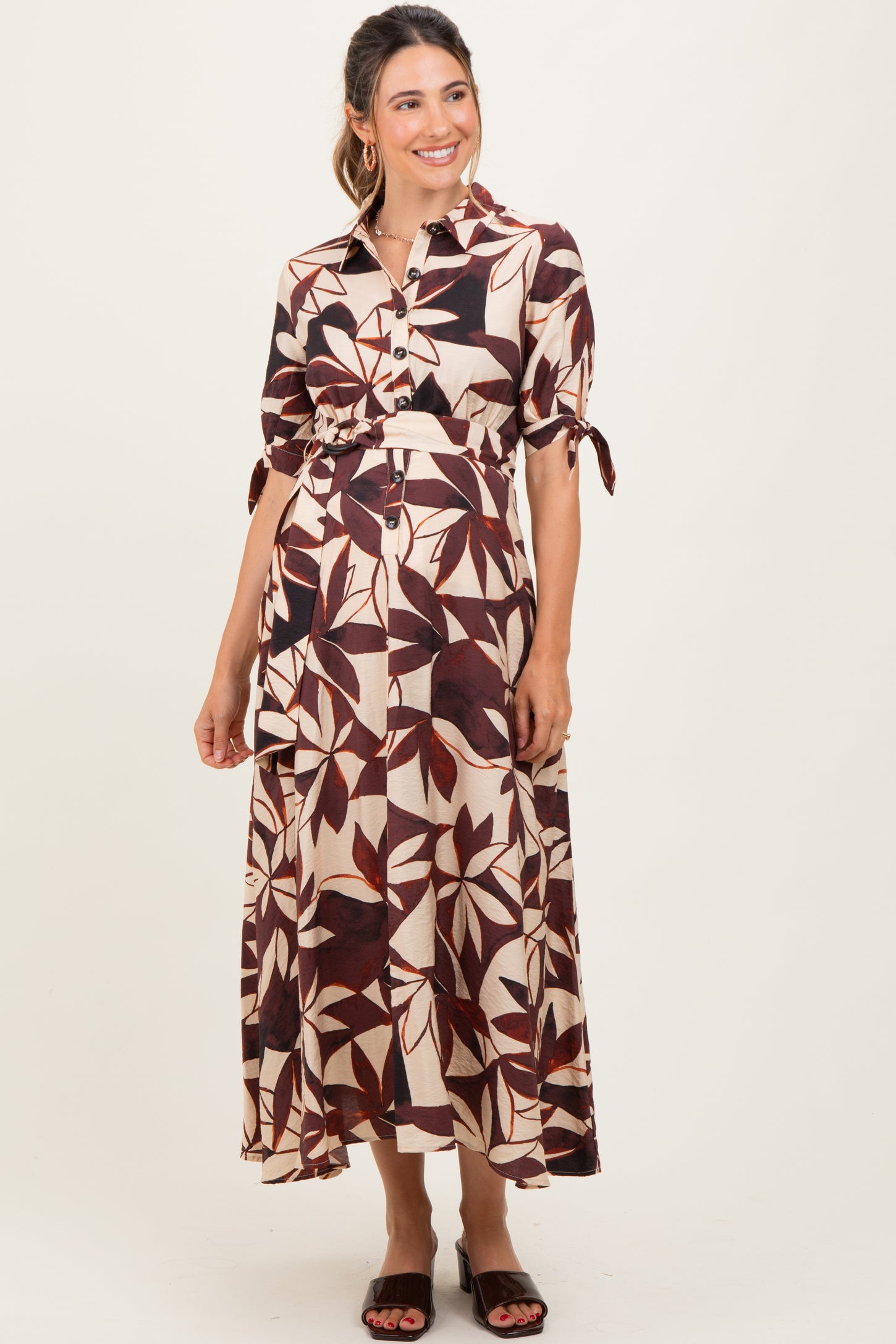 Brown Leaf Print Maternity Maxi Shirt Dress
