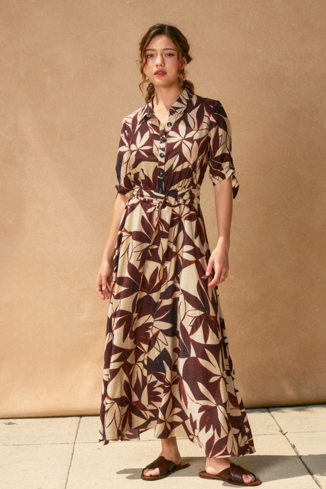Brown Leaf Print Maxi Shirt Dress