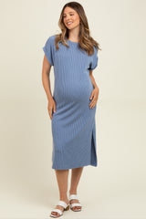Blue Ribbed Short Sleeve Maternity Midi Dress