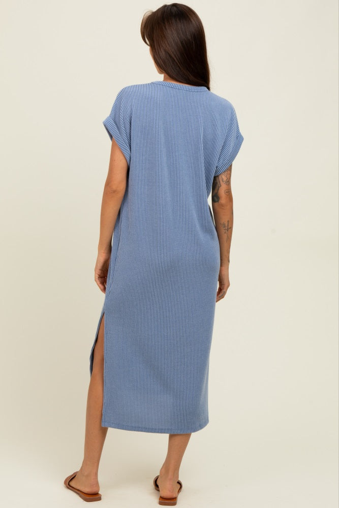 Blue Ribbed Short Sleeve Midi Dress