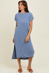 Blue Ribbed Short Sleeve Midi Dress