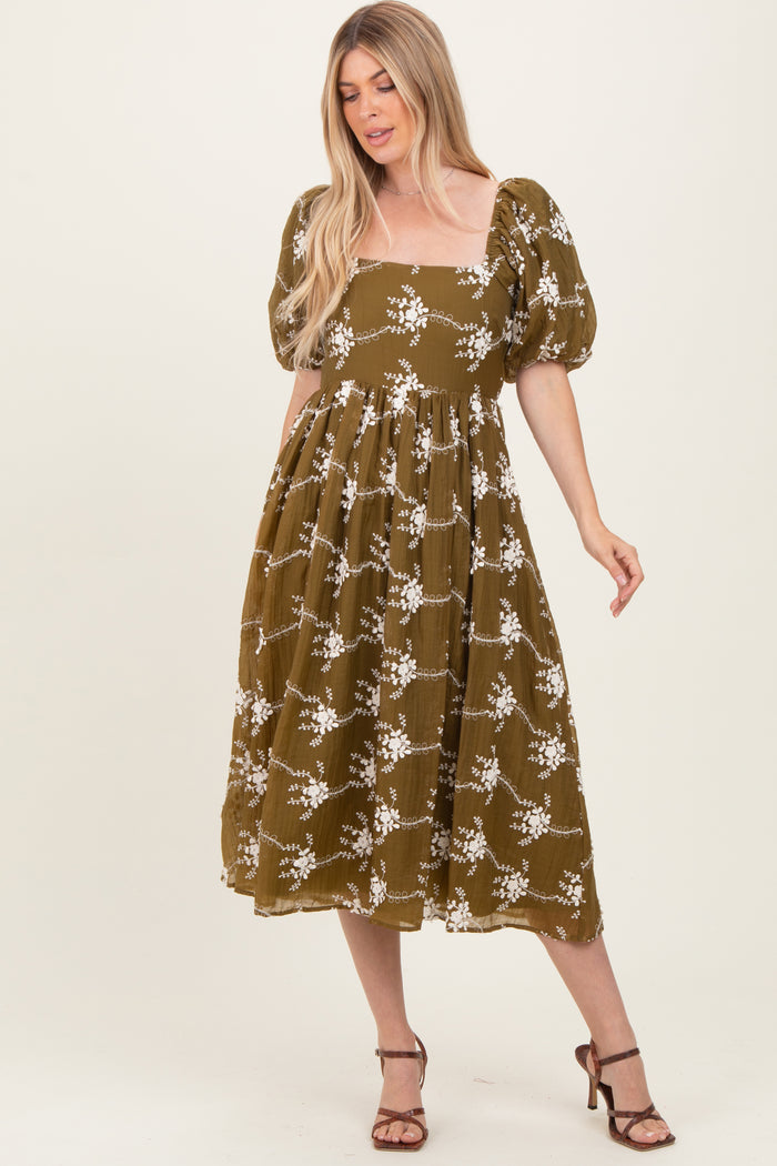 Dark Olive Textured Maternity Midi Dress