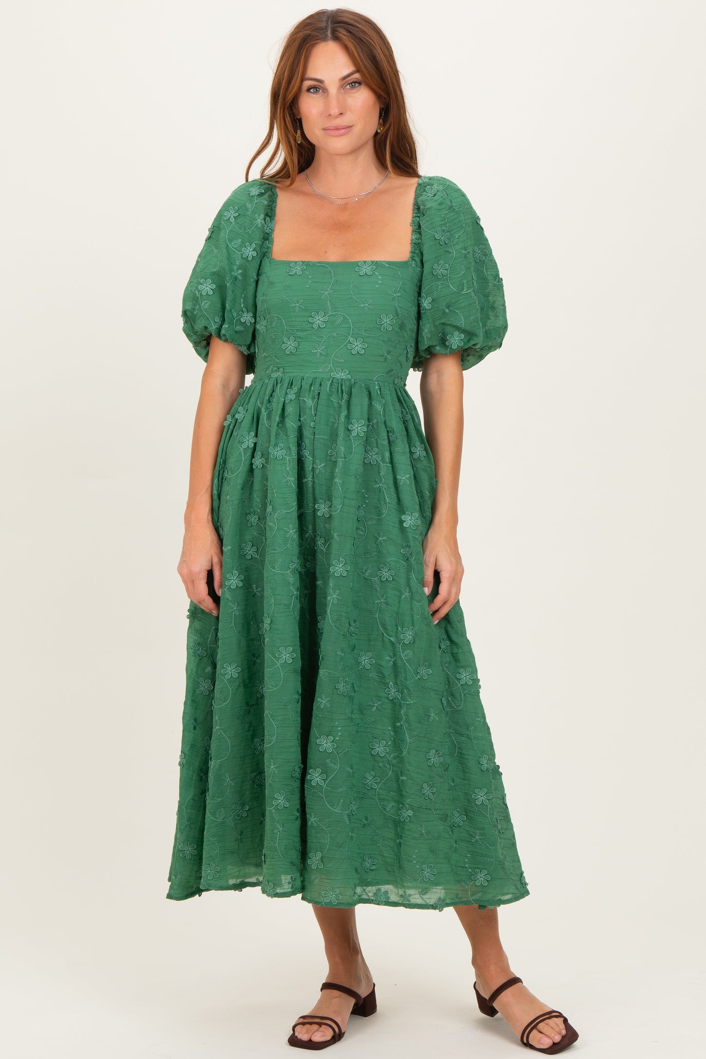 Forest Green Embroidered Floral Puff Sleeve Midi Dress