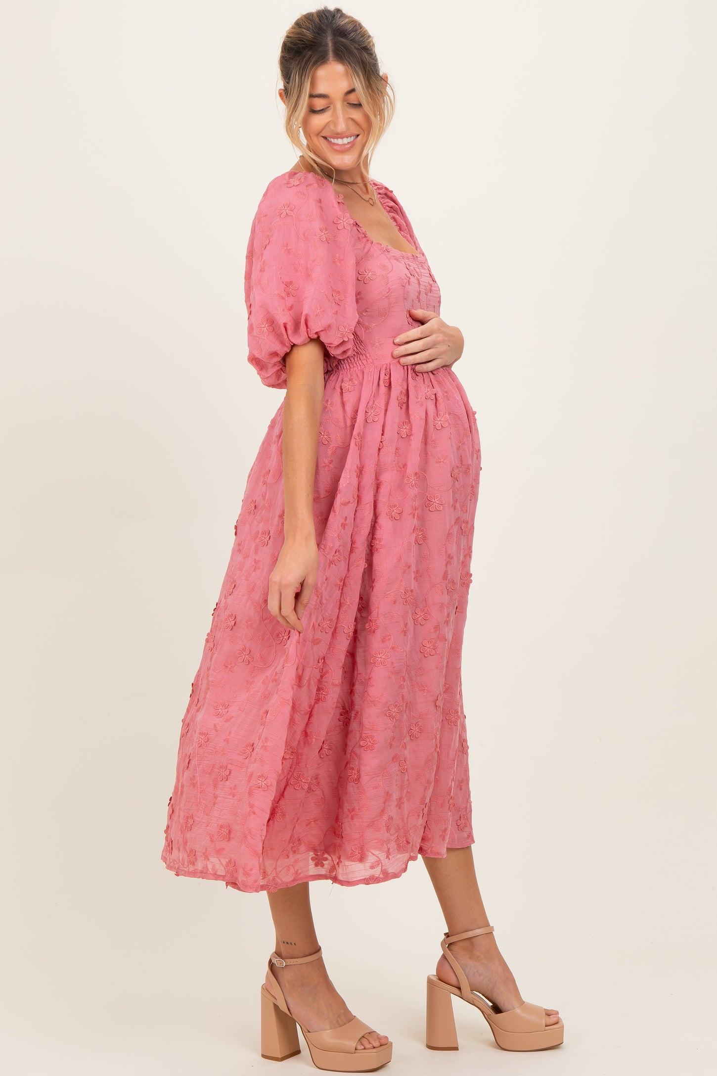 Mauve Embroidered Floral Puff Sleeve Maternity Midi Dress