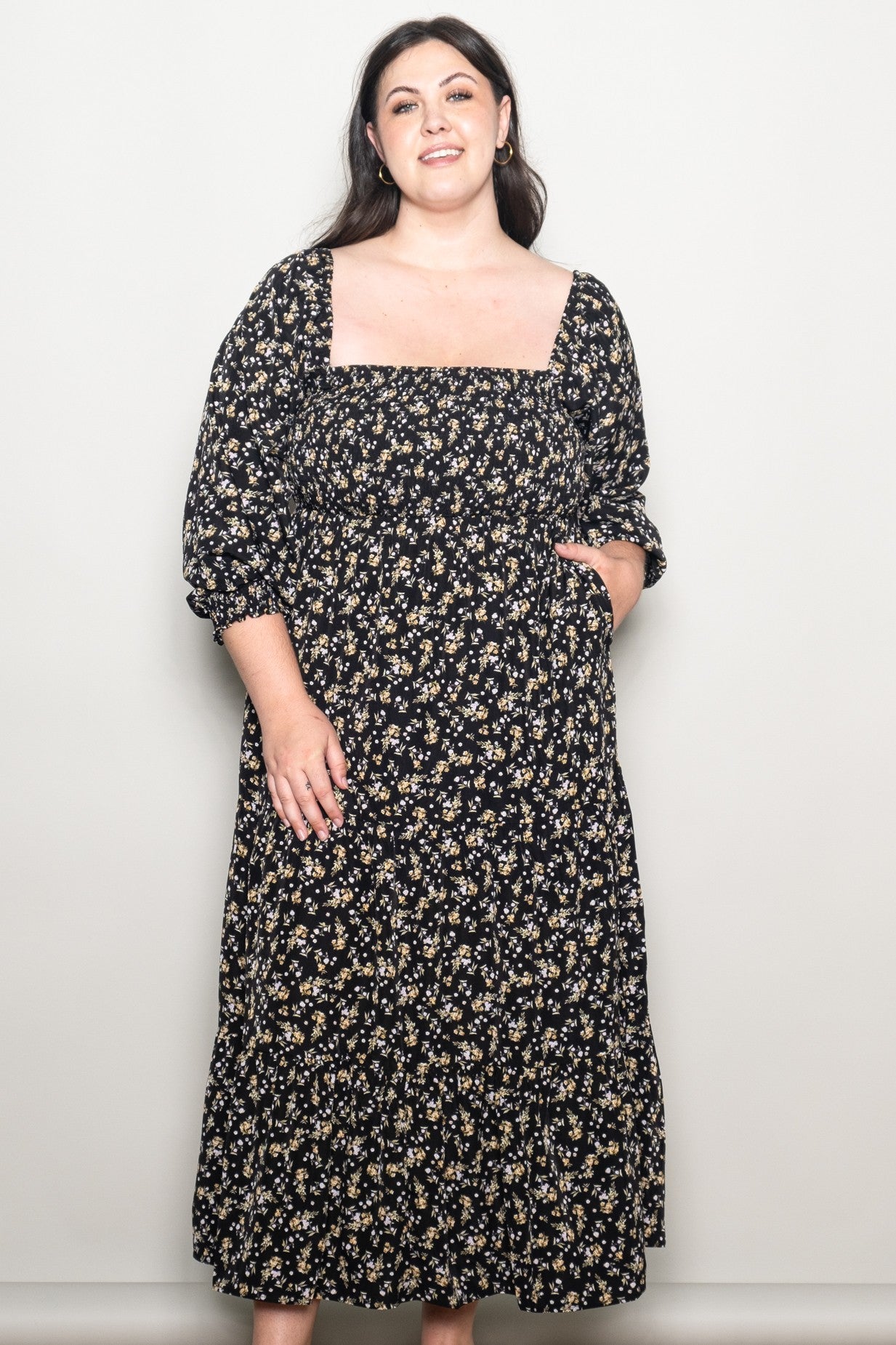 Black Floral Smocked Long Sleeve Plus Maxi Dress
