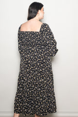 Black Floral Smocked Long Sleeve Plus Maxi Dress
