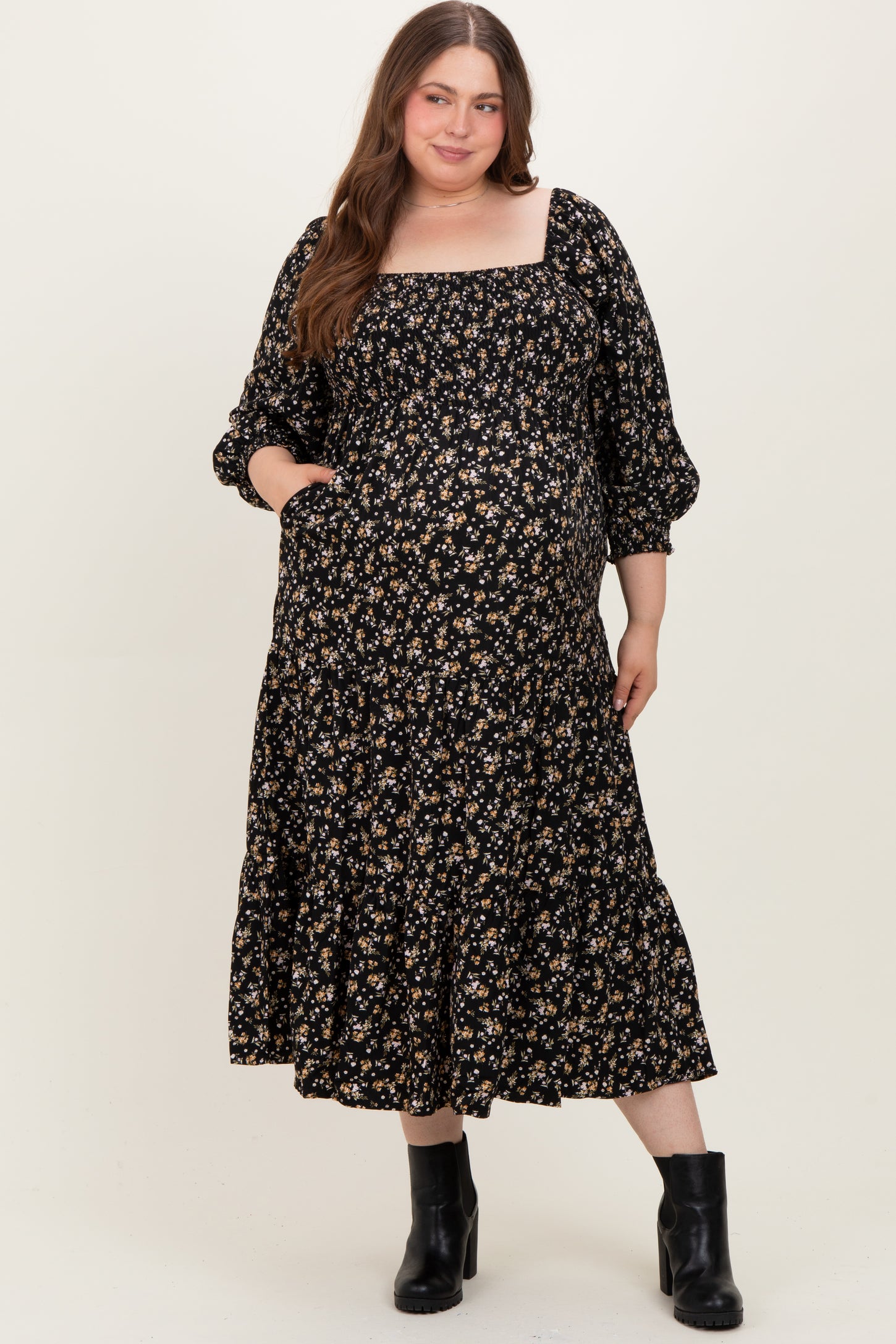 Black Floral Smocked Long Sleeve Maternity Plus Maxi Dress