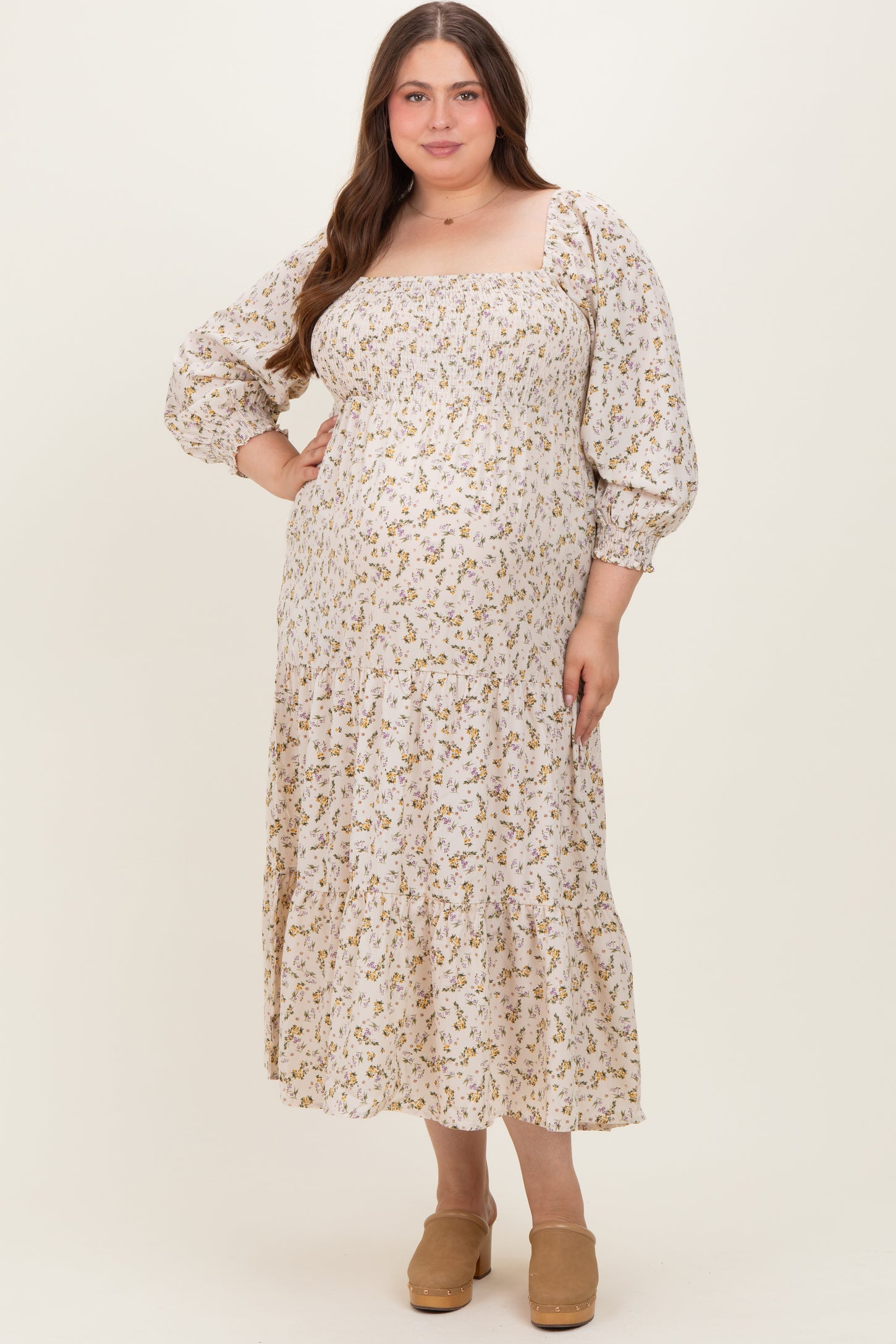 Cream Floral Smocked Long Sleeve Maternity Plus Maxi Dress