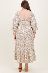 Cream Floral Smocked Long Sleeve Maternity Plus Maxi Dress