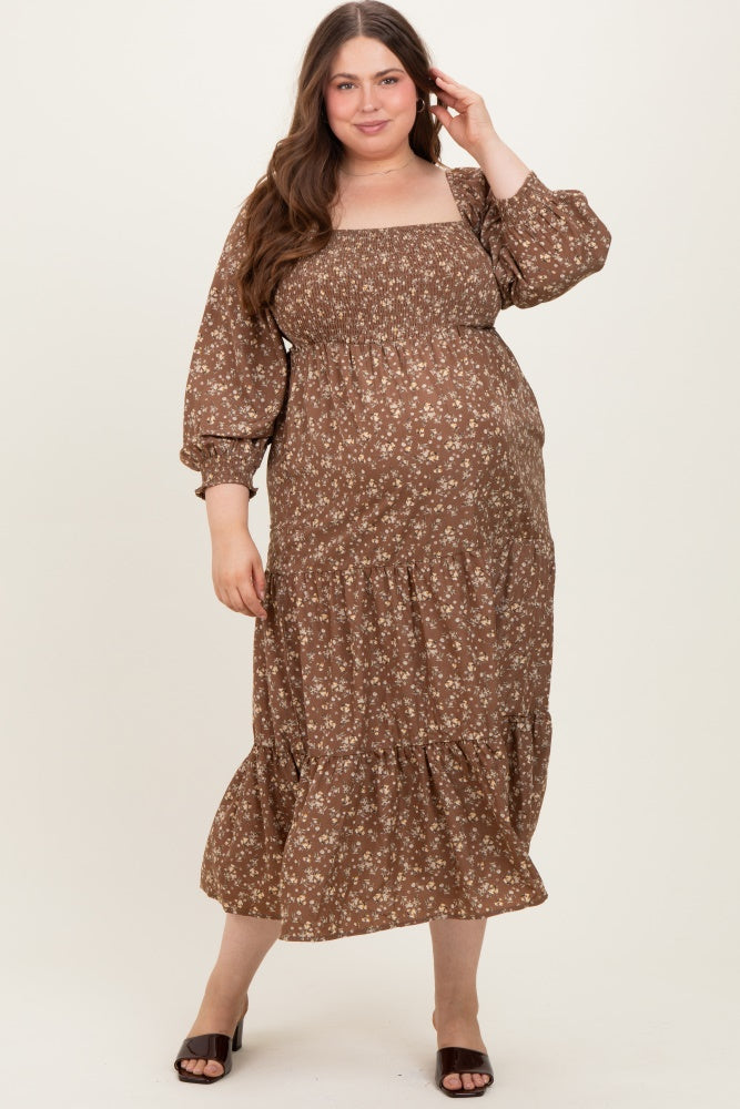 Mocha Floral Smocked Long Sleeve Maternity Plus Maxi Dress