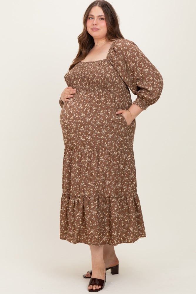 Mocha Floral Smocked Long Sleeve Maternity Plus Maxi Dress