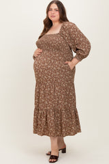 Mocha Floral Smocked Long Sleeve Maternity Plus Maxi Dress