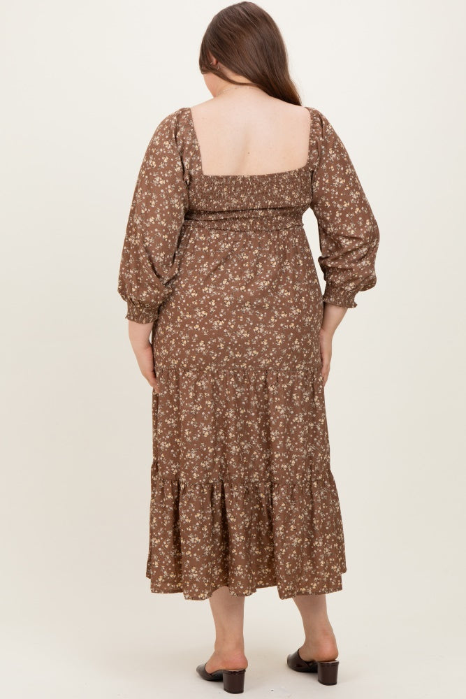 Mocha Floral Smocked Long Sleeve Maternity Plus Maxi Dress