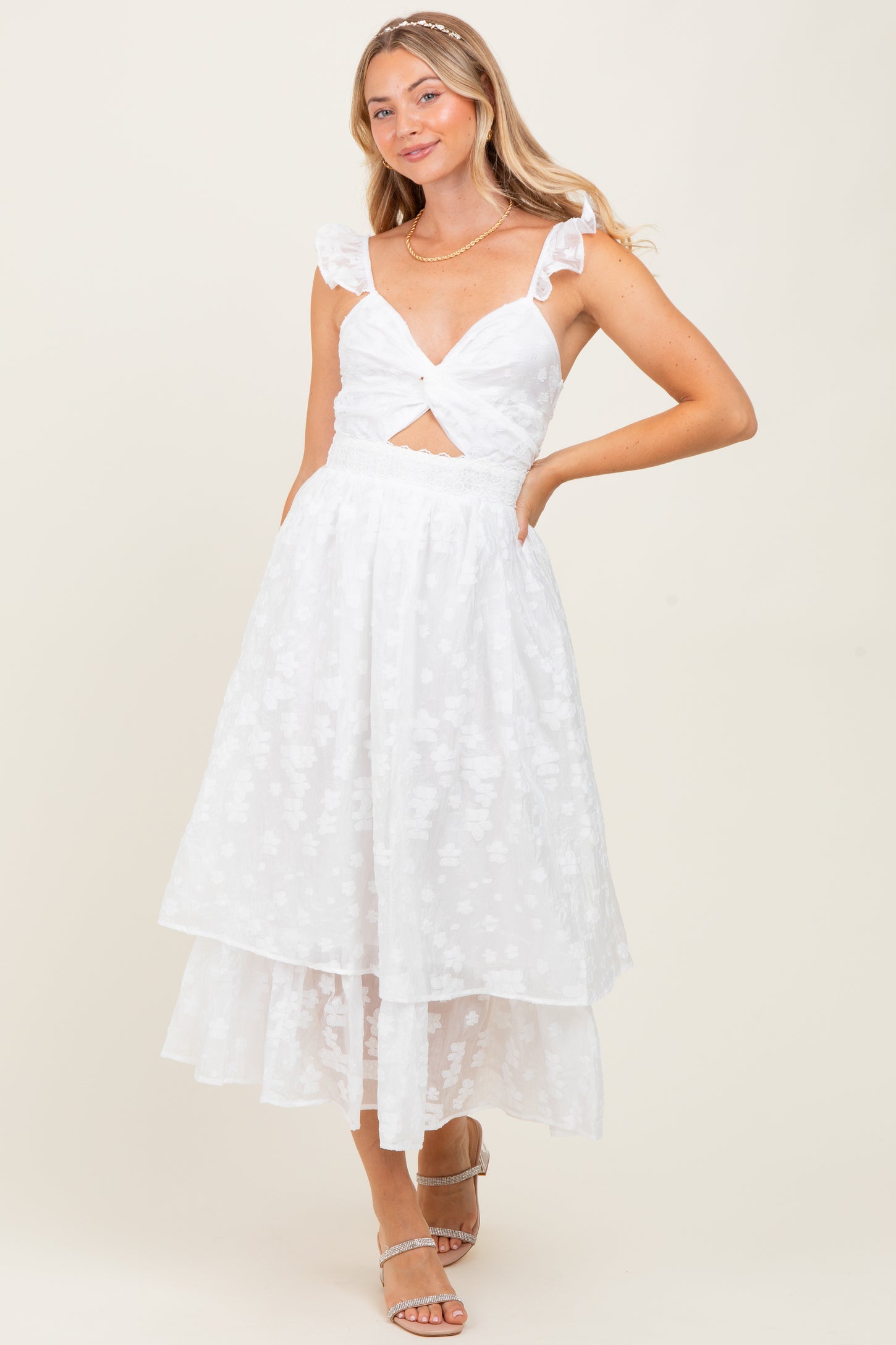 White Embroidered Twist Front Cutout Midi Dress