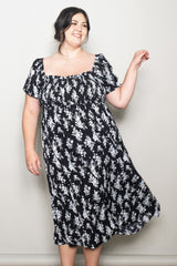 Black Floral Smocked Sweetheart Neckline Plus Midi Dress