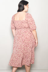 Pink Floral Smocked Plus Midi Dress