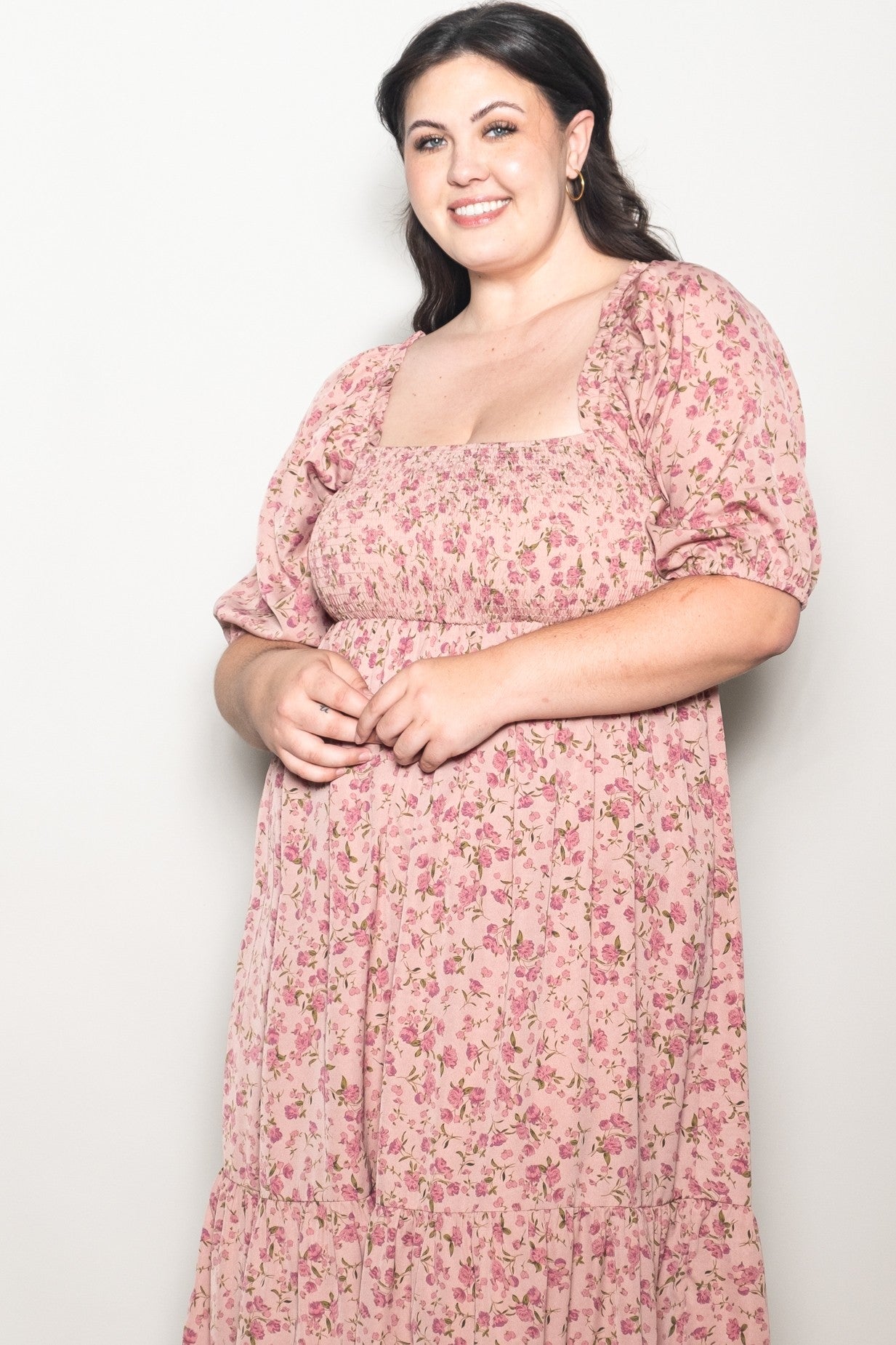 Pink Floral Smocked Plus Midi Dress