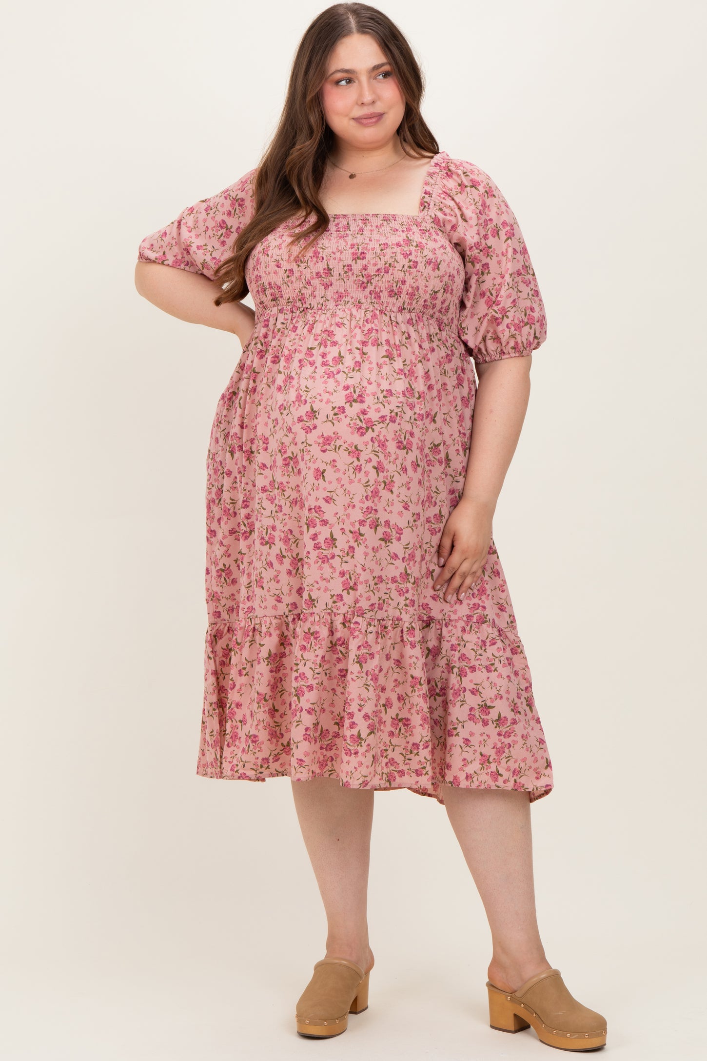 Pink Floral Smocked Maternity Plus Midi Dress
