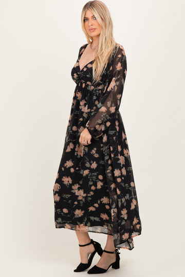 Black/Peach Floral Knotted Bust Chiffon Midi Dress