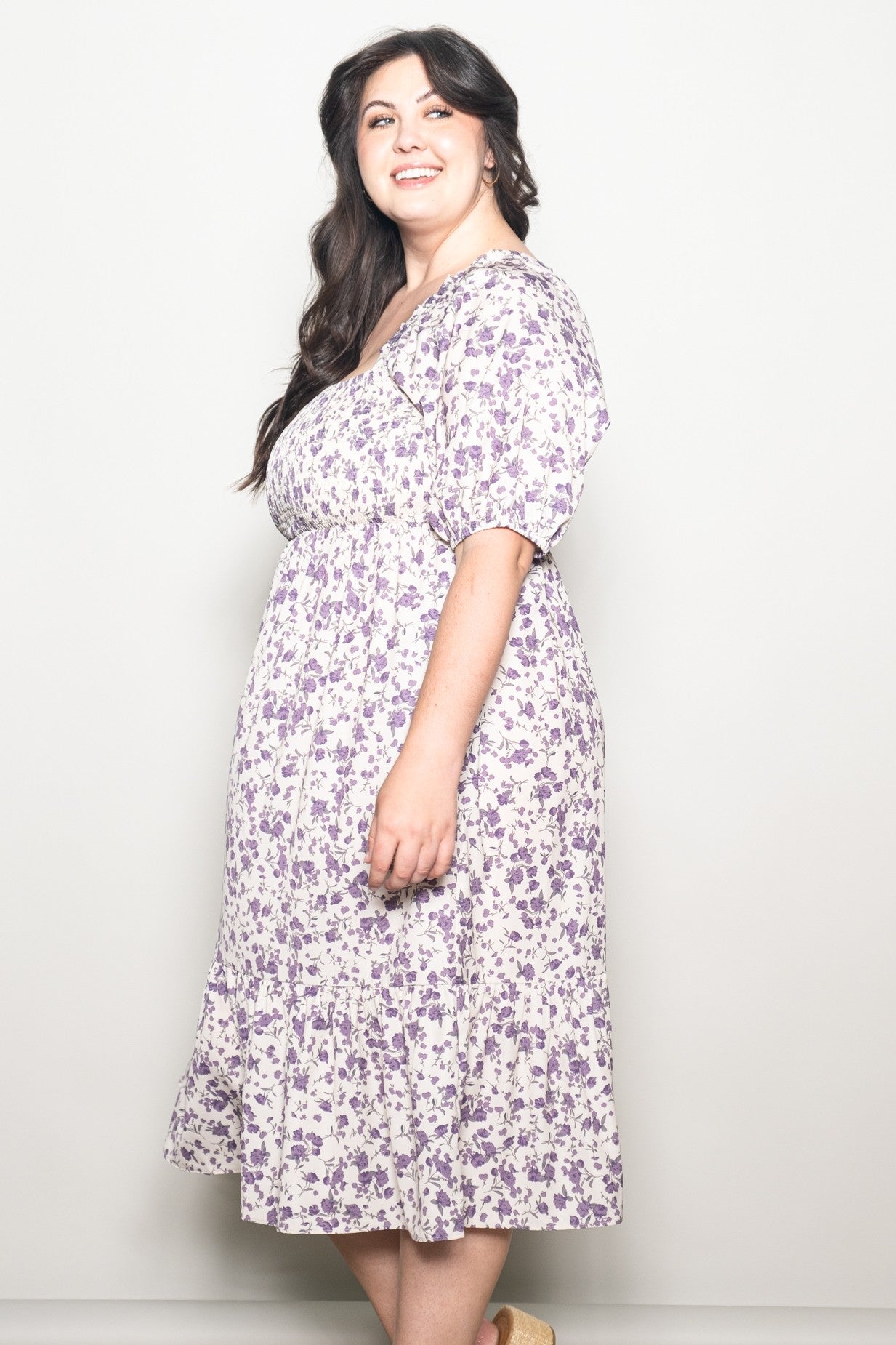 Cream Floral Smocked Plus Midi Dress
